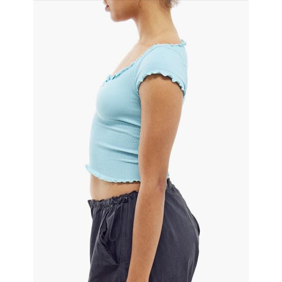BDG Urban Outfitters Crop Top Baby Tee Rubber Ruffles Cap Sleeve Size L Blue - Picture 3 of 6